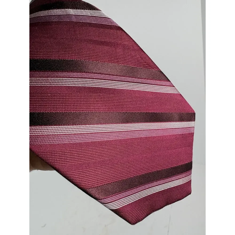 Calvin Klein Mens 100% Silk Tie Burgundy Pink Striped Designer Necktie Classic